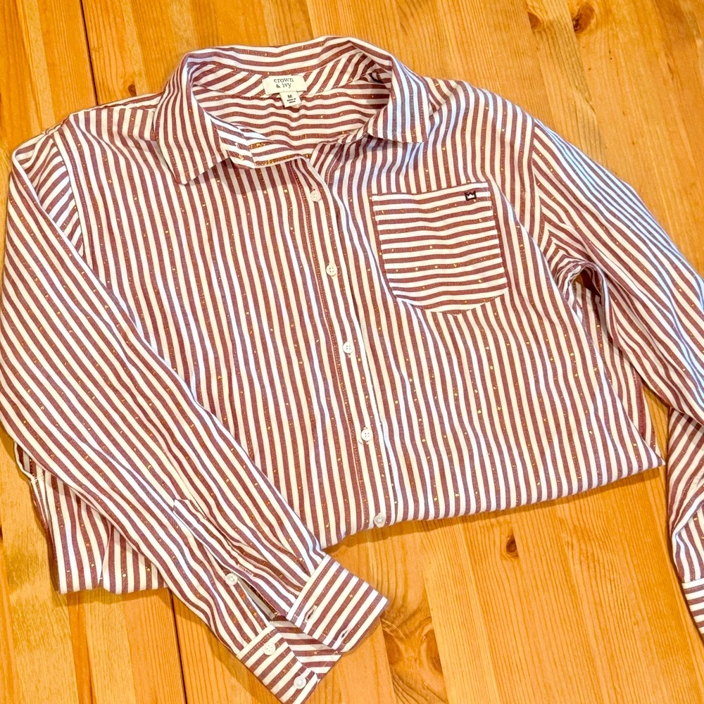 Crown & Ivy Red Gold Striped Button-Up Shirt